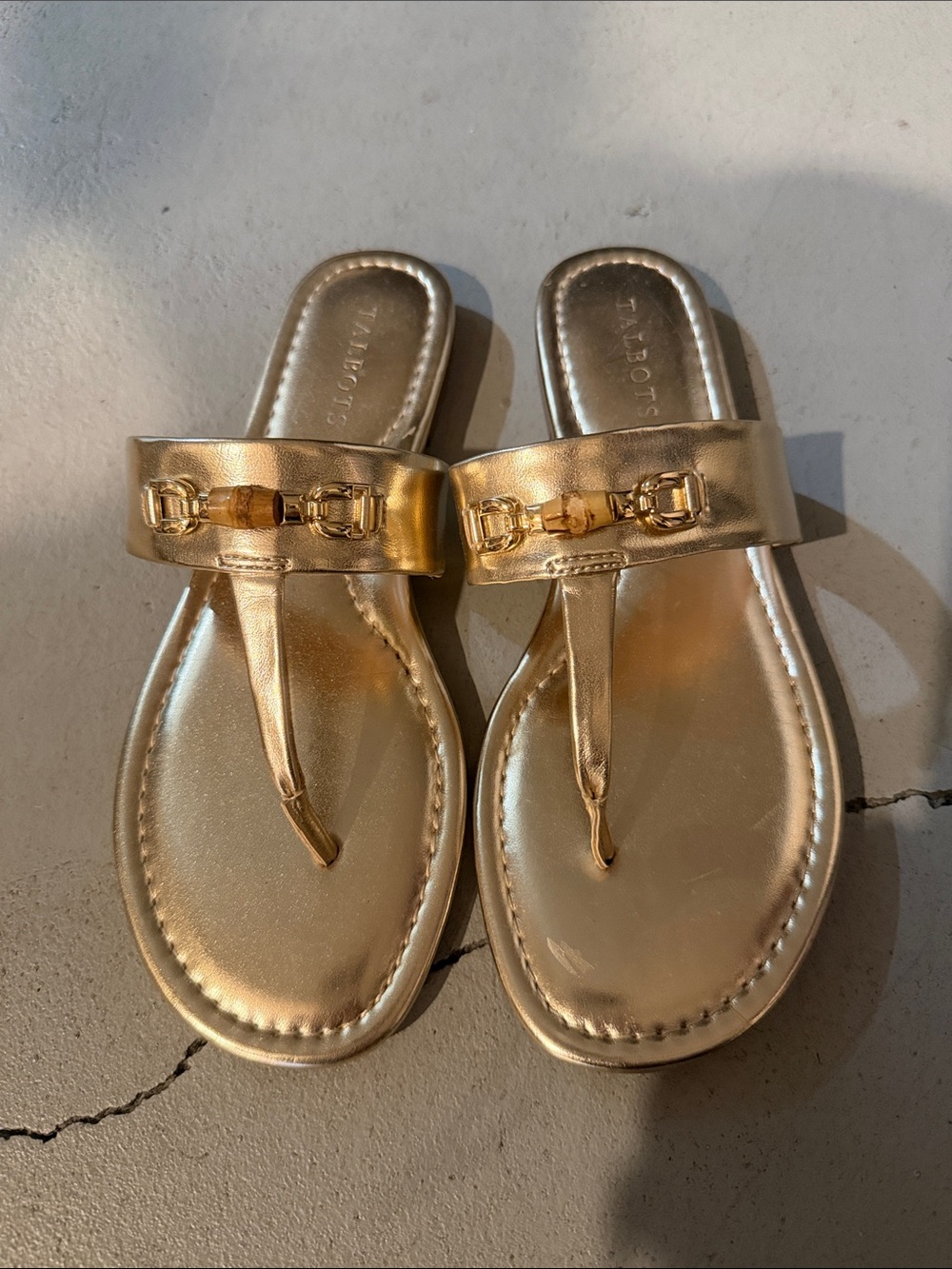 Talbots Metallic Gold Leather Thong Sandals with Horsebit Accent